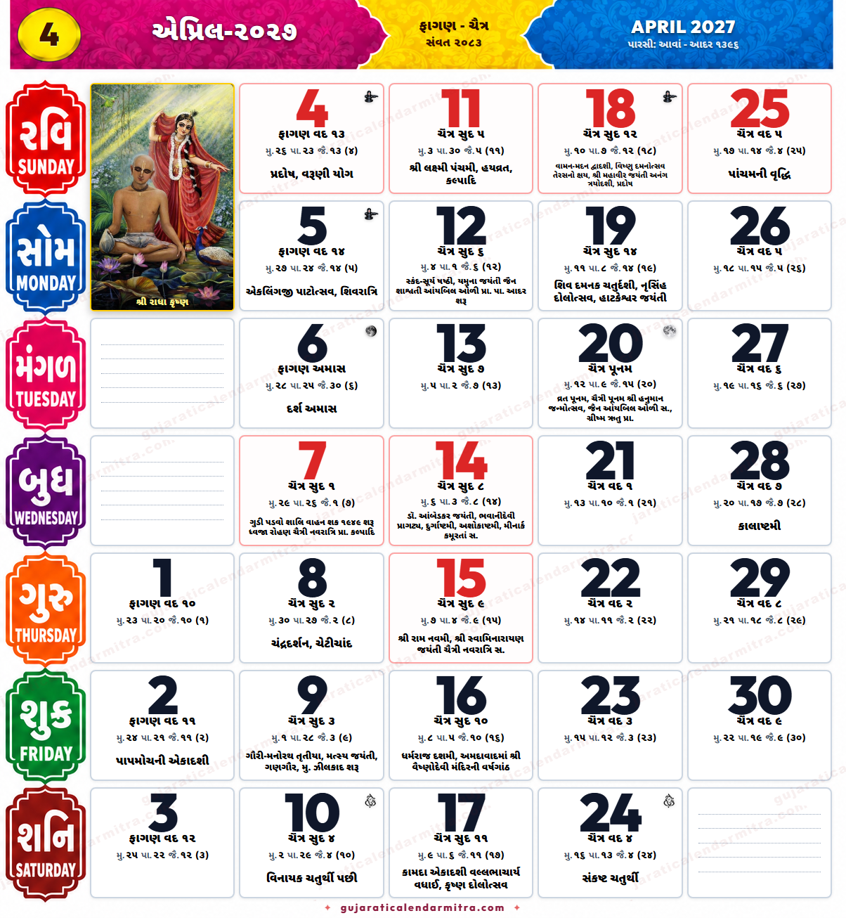 April 2027 Gujarati calendar showing Fagan and Chaitra 2083 tithi, Ram Navami, Mahavir Jayanti and Hanuman Jayanti dates