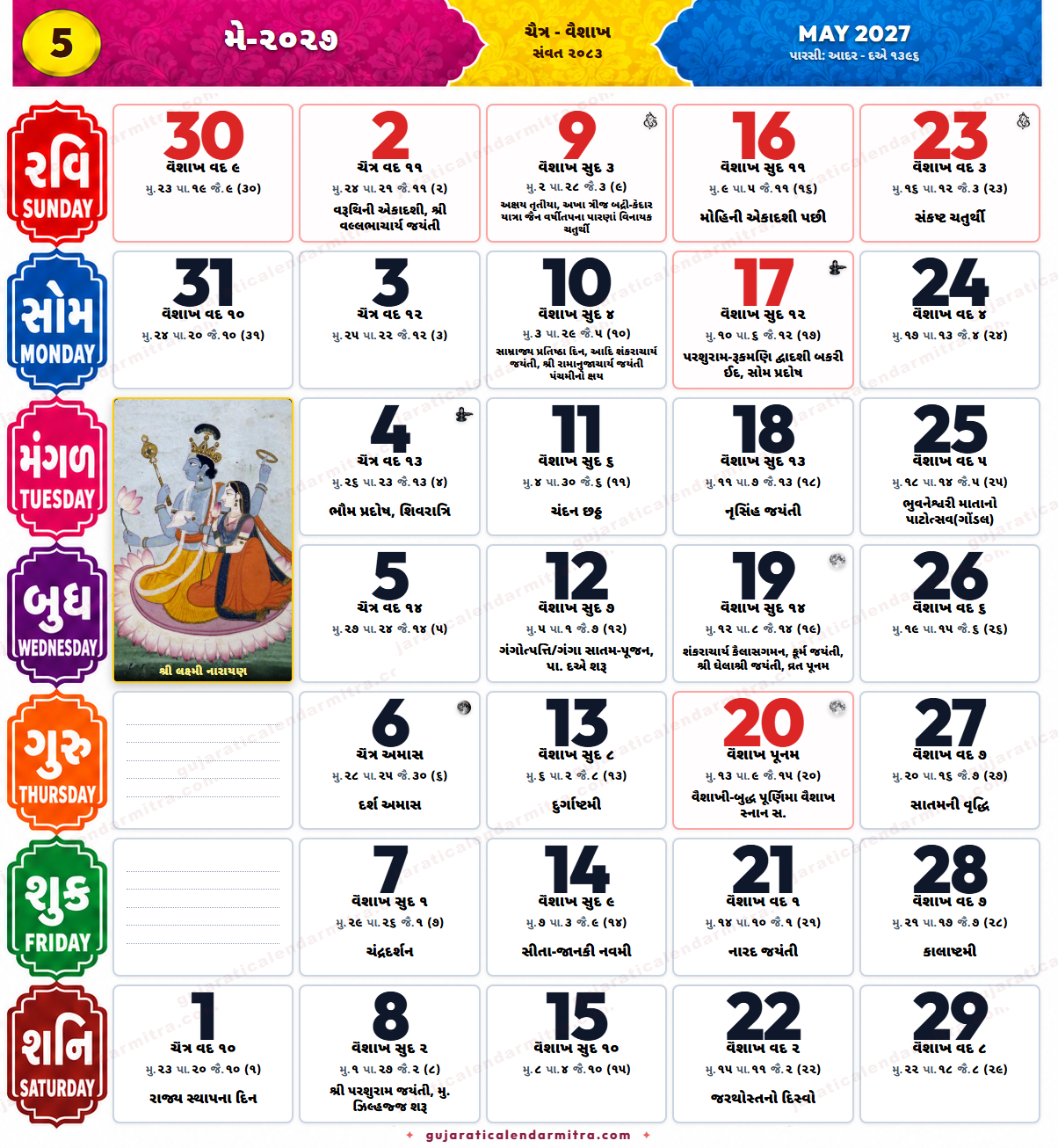 May 2027 Gujarati calendar showing Chaitra and Vaishakh 2083 tithi, Akshaya Tritiya, Parashuram Jayanti and Buddha Purnima dates